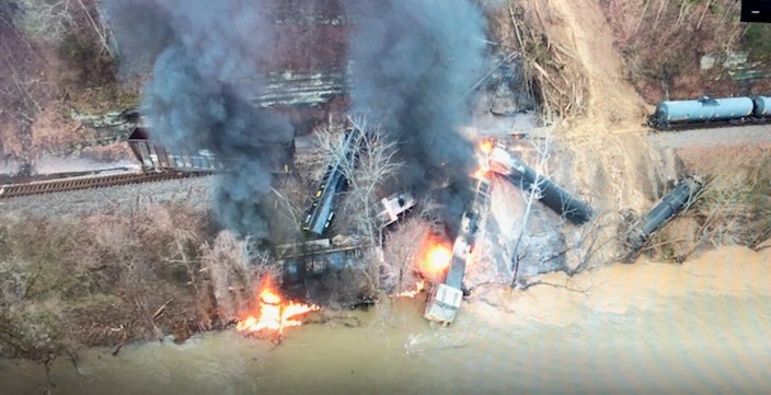 Drone images from this morning show the fiery train derailment in Pikeville, Kentucky. Images courtesy Kentucky Energy and Environment Cabinet