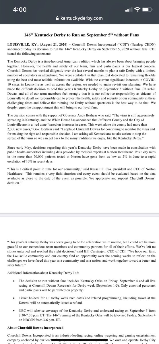 Churchill Downs:  NO fans at @KentuckyDerby this year. 