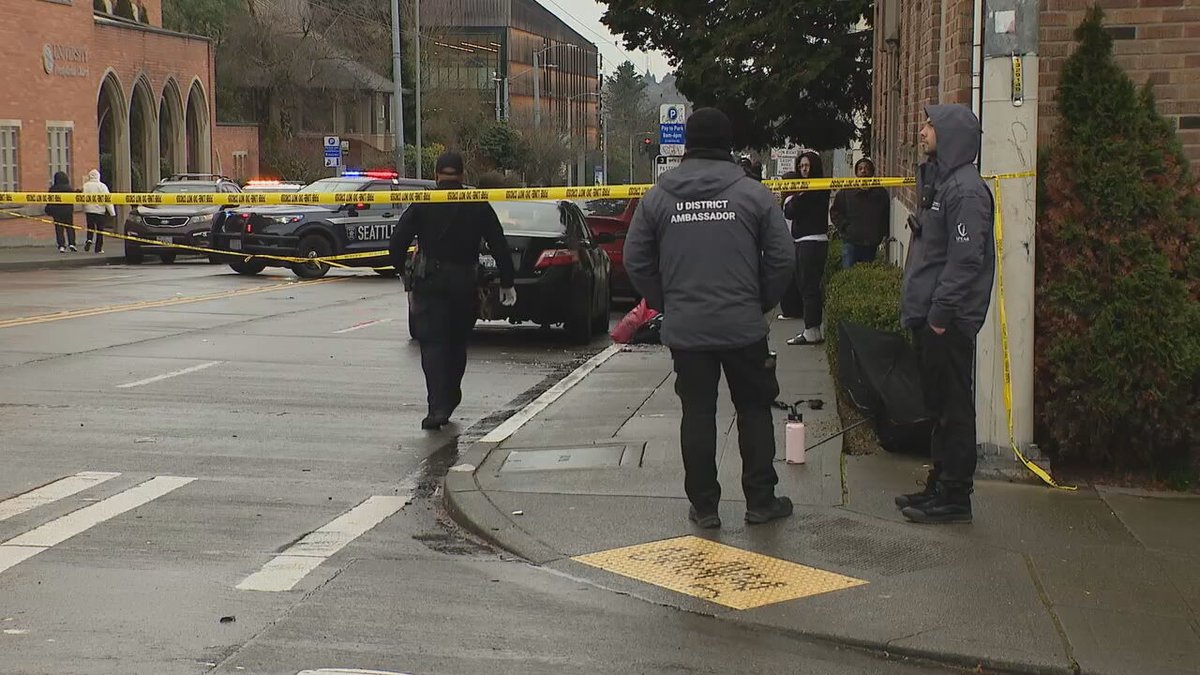 Three people were hit by a car in a crosswalk in the U-District. Witnesses say a speeding vehicle ran a red light and hit the pedestrians. Two victims critically injured, one seriously injured. SPD caught the driver shortly after