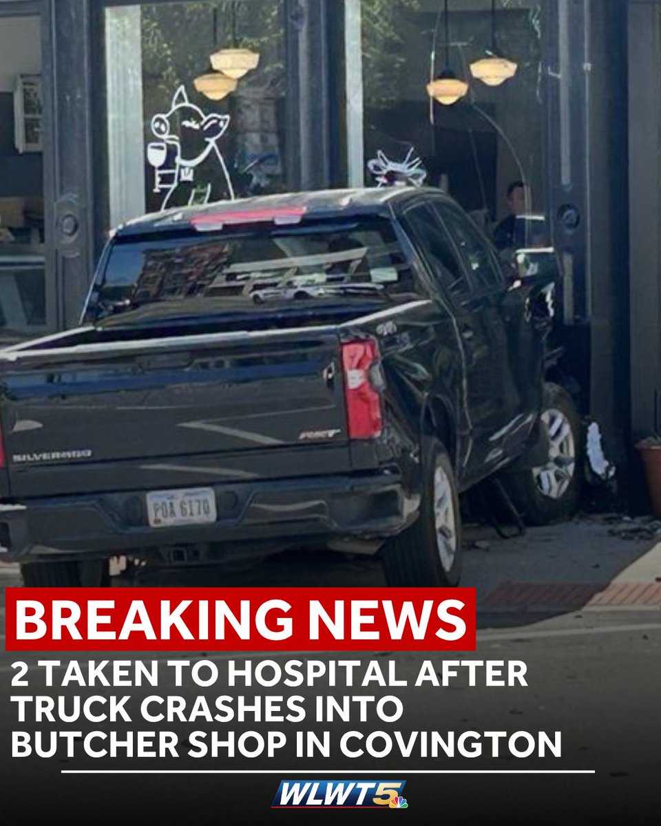 Two people, including the driver, were taken to the hospital after a truck crashed into the front of a butcher shop in Covington