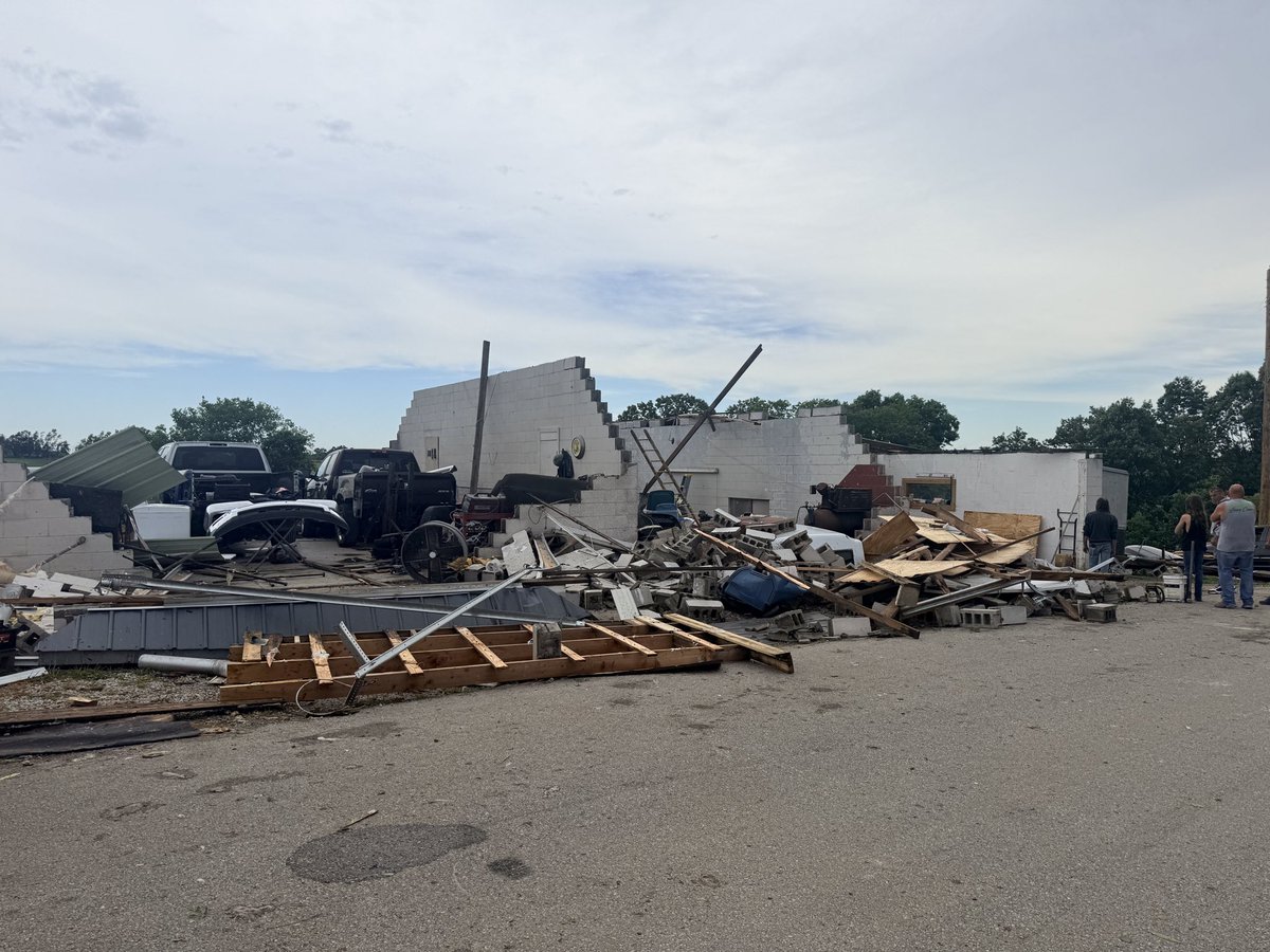 Williamstown, KY and found significant storm damage on Waterworks Rd. This is a body shop. The roof and other debris ended up across the street