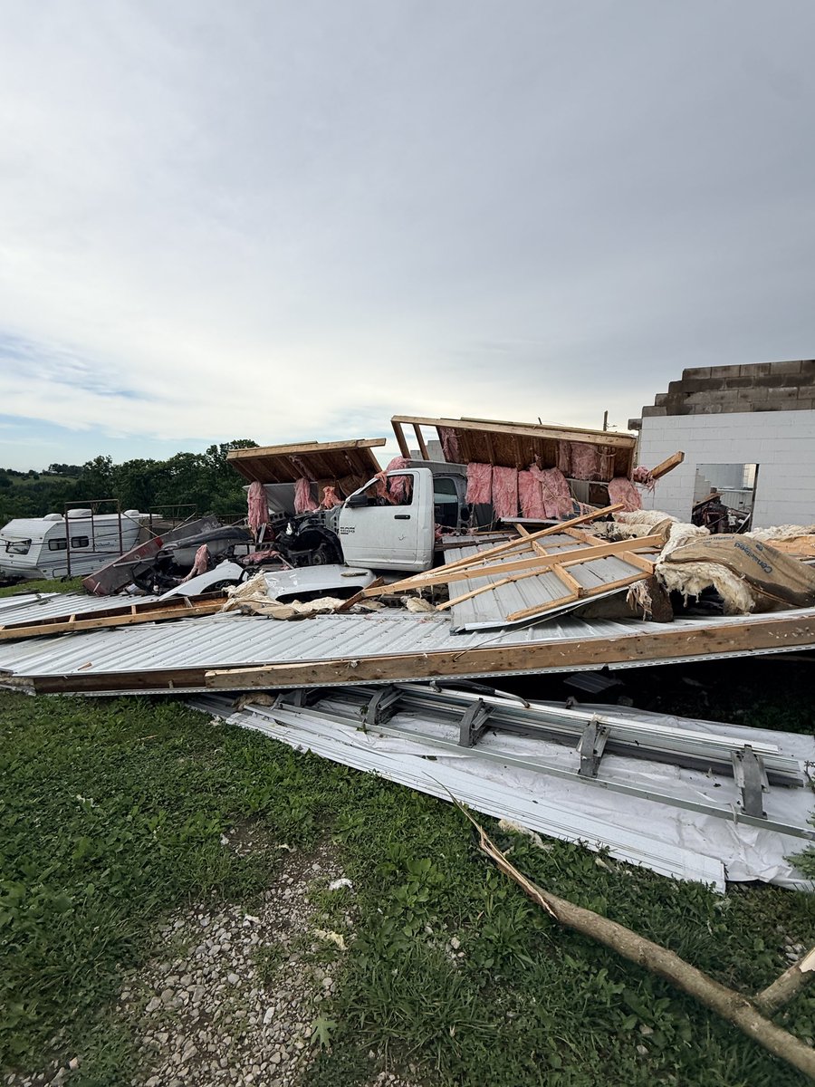 Williamstown, KY and found significant storm damage on Waterworks Rd. This is a body shop. The roof and other debris ended up across the street